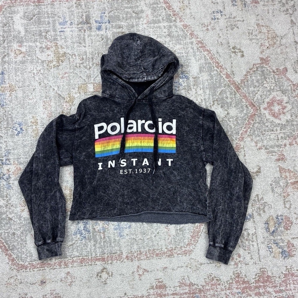 Polaroid Cropped Hoodie M Women Black Acid Wash Y2K Graphic Retro Streetwear